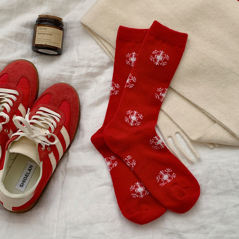 Red Polka Dot Snowflake Fluffy Slouch Christmas Socks