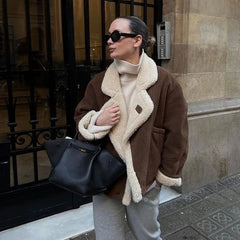 Fashion Lamb Woolen Spliced Warm Coat For Women Vintage Side Buttons Lapel Full Sleeve Jackets Lady Autumn Winter Thick Outwear