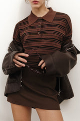 Color-block Stripe Fitted Polo Knit Blouse