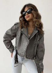 Washed Faux Leather Moto Jacket �Vintage Biker Edge