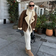 Fashion Lamb Woolen Spliced Warm Coat For Women Vintage Side Buttons Lapel Full Sleeve Jackets Lady Autumn Winter Thick Outwear