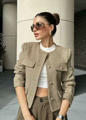 TailoRed Tweed Cropped Jacket �Classic Elegance with Gold Button Accents