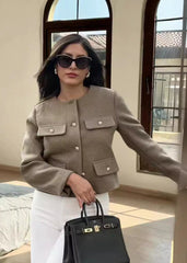 TailoRed Tweed Cropped Jacket �Classic Elegance with Gold Button Accents