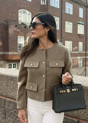 TailoRed Tweed Cropped Jacket �Classic Elegance with Gold Button Accents