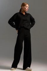 Polo Collar Knit Pullover Wide-Leg Pants Two Piece Set