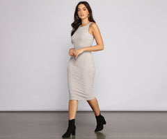 Brushed Knit Sleeveless Charming Crew Neck Midi Dress Sweaters-L