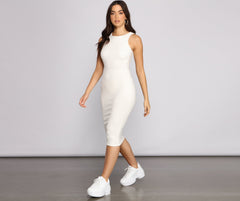 Brushed Knit Sleeveless Charming Crew Neck Midi Dress Sweaters-L