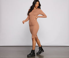 Ruched And Ribbed Knit Graceful Crew Neck Mini Dress Casual Dresses