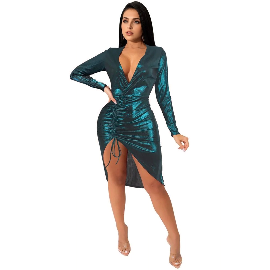 Julia Fashion - Sexy Deep V Neck Neon Pink Bodycon Midi Dress