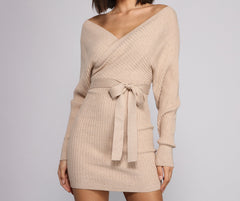 Ribbed Knit Tie-Front Charming Mini Sweater Dress Sweaters-L