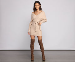 Ribbed Knit Tie-Front Charming Mini Sweater Dress Sweaters-L