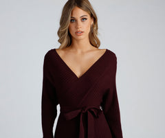 Ribbed Knit Tie-Front Charming Mini Sweater Dress Sweaters-L