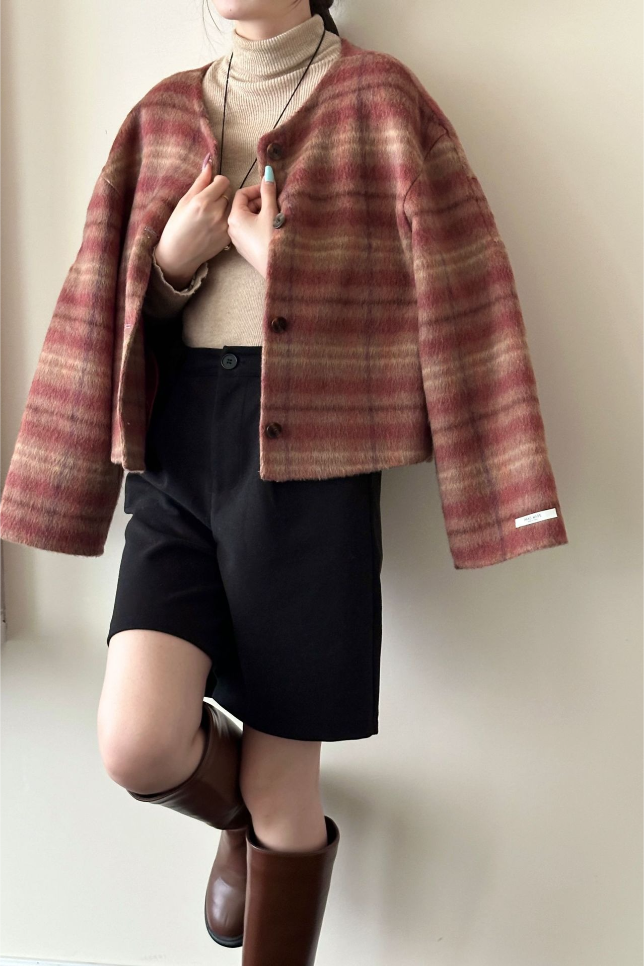 Plaid Crew Neck Single Breasted Drop Shoulder Wool Christmas Outerwear