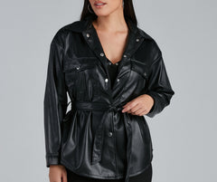 Sleek Trends Faux Leather Tie-Waist Shirt Jacket Casual Woven Jackets
