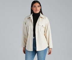 Sleek Trends Faux Leather Tie-Waist Shirt Jacket Ivory / S Casual Woven Jackets