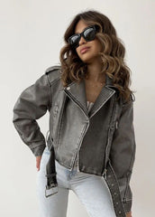 Washed Faux Leather Moto Jacket �Vintage Biker Edge