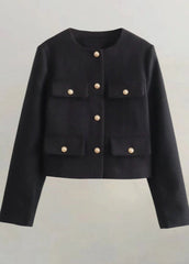 TailoRed Tweed Cropped Jacket �Classic Elegance with Gold Button Accents