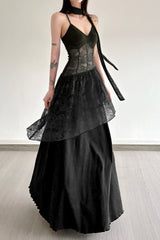 Lace Trim Sheer Waist Tie Cami Maxi Lace Dress