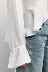 Drawstring Mock Neck Chiffon Blouse