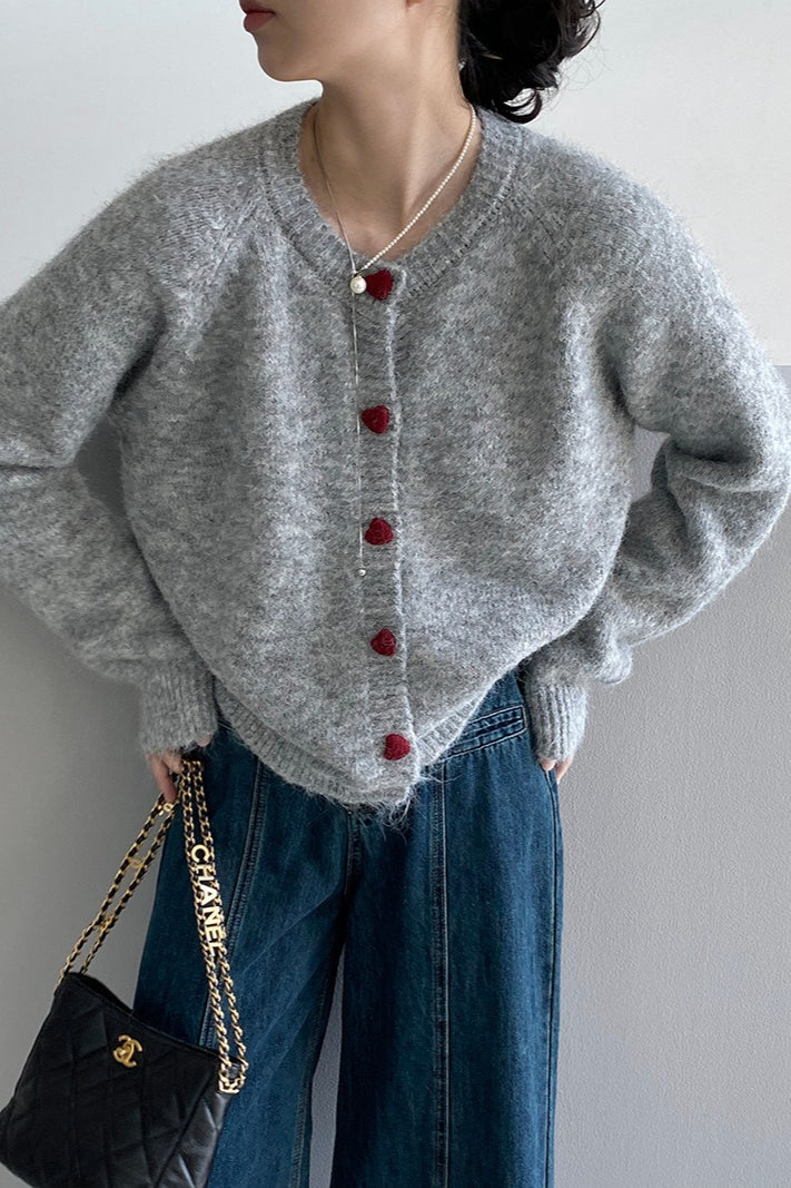 Oversized Heart Button Round Neck Christmas Cardigan