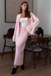 Polo Collar Sweater Flare Sleeve Knit Set