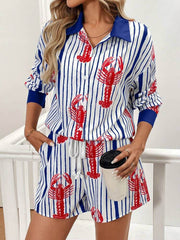Classic Incredible Lobster Track Print Button Up Lace Up Shorts Set