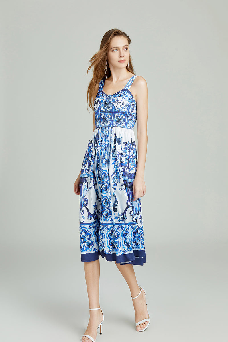 Blue White Porcelain Positioning Retro Printing Three Dimensional Tube Top Strap Dress High Waist Dress