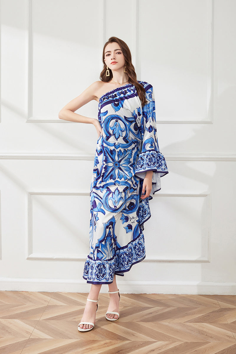 Asymmetric Design Slant Shoulder Print Loose Dress