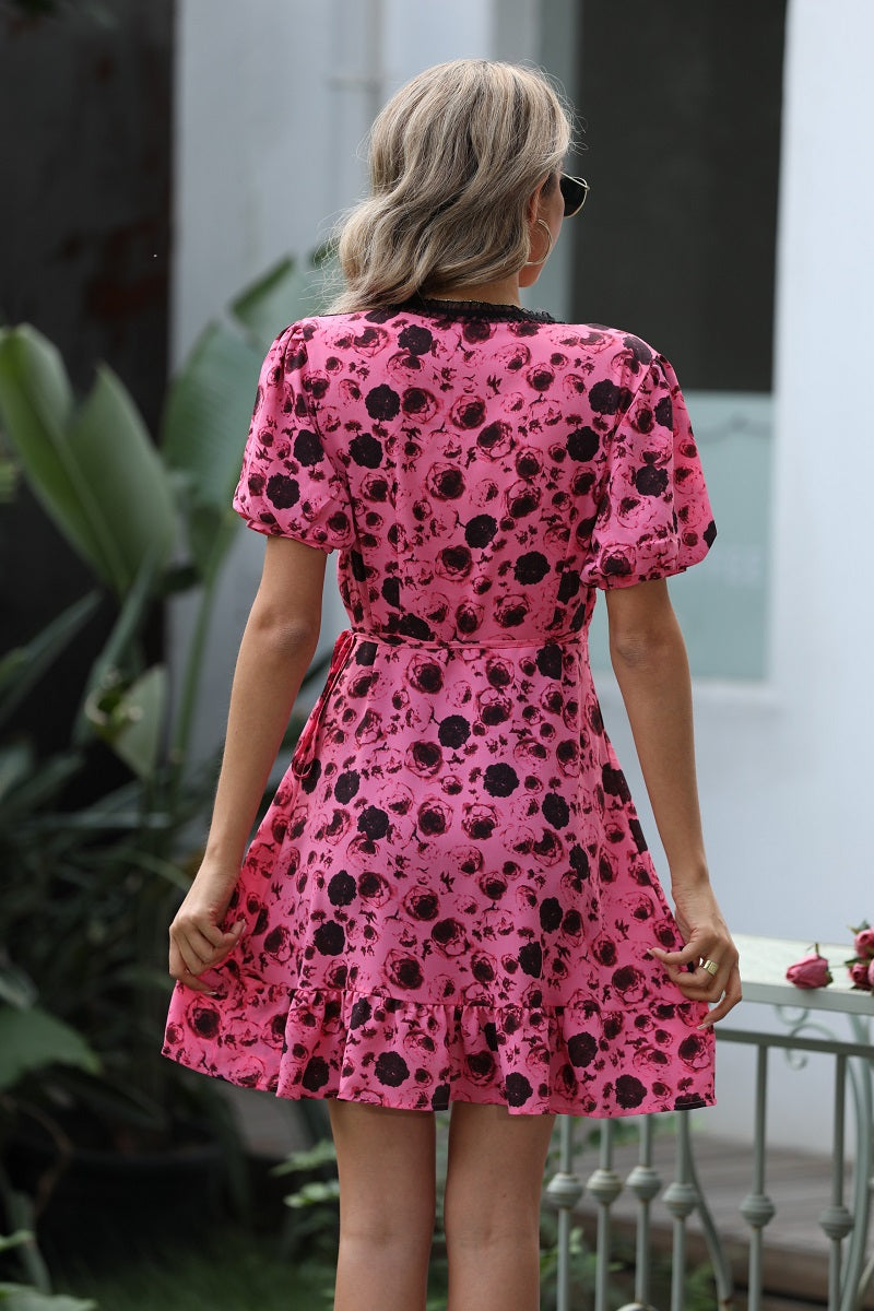 Puff Sleeve Peplum Edge V Neck Dress