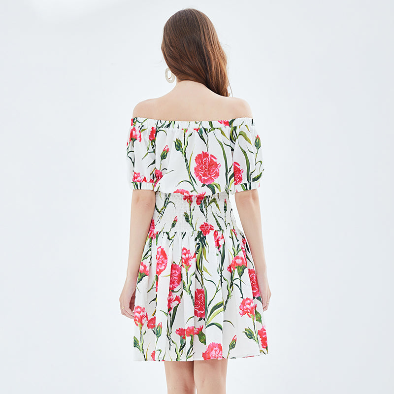 Rose Print off shoulder Tight Seashore Vacation Dress