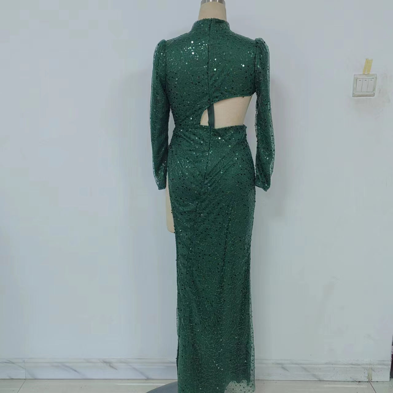 Irregular Asymmetric Sequined Long Sleeved Cocktail Dress Trailing Large Swing