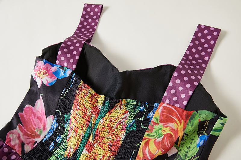 Positioning Vintage Printed Three Dimensional Strapless Strap Dress Back Rubber Strap High Waist Dress