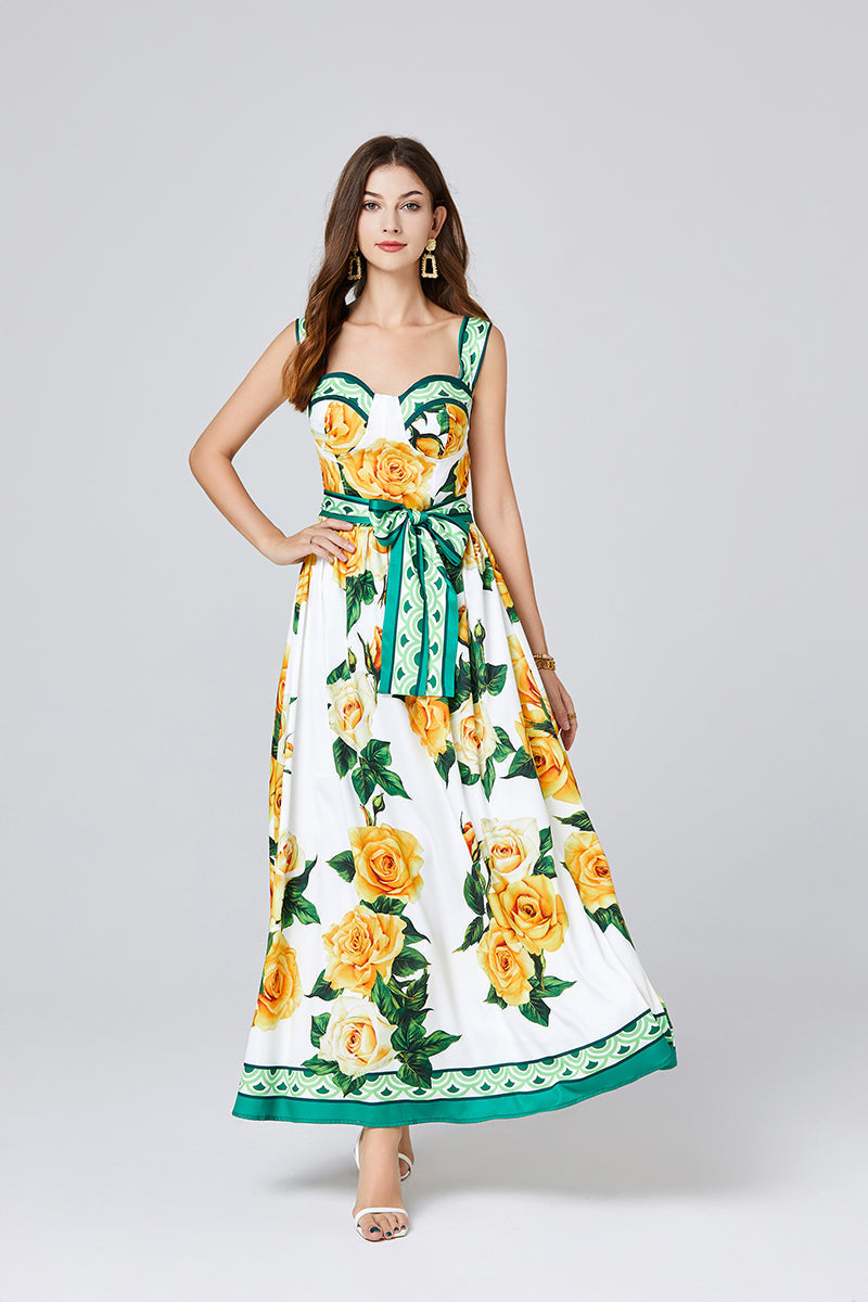 Printed Three Dimensional Chest Pad Sling Dress Slim Fit High Waist Large Swing Dress