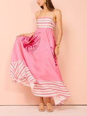 Floral Print Paneled Charming Striped Suspender Mixi Dress Dresses