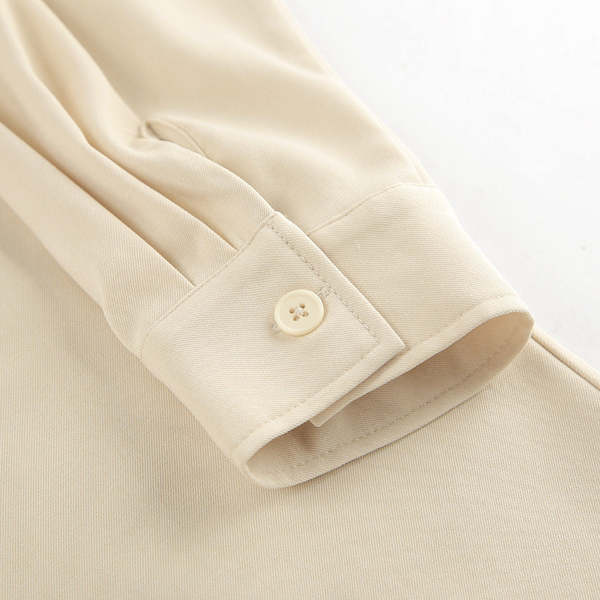 Office Elegant Belt Tooling Fall Collared Khaki Drop Shoulder Sleeve Pocket Retro