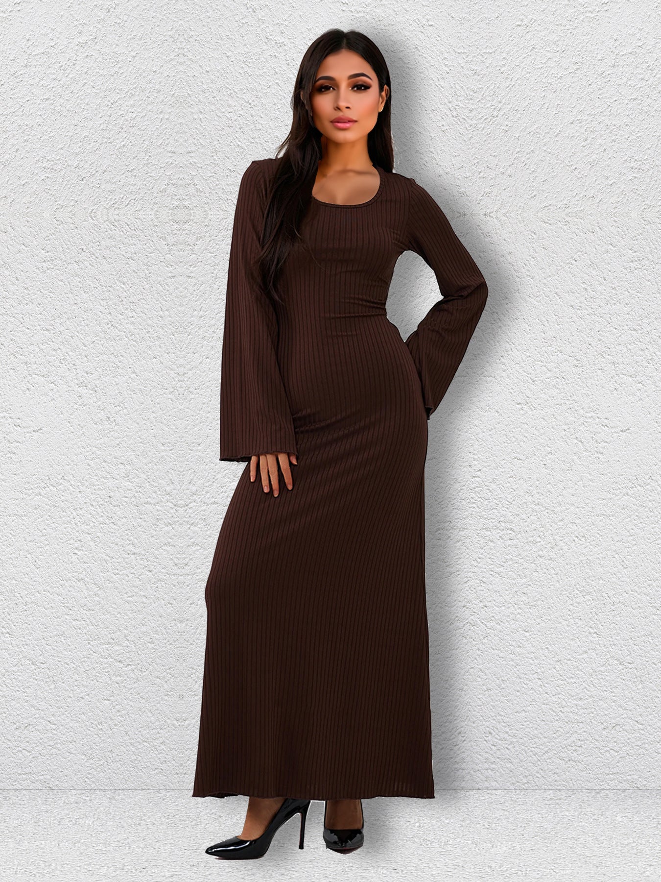 Bandage Big Pit Strip U Neck Long Sleeved Dress