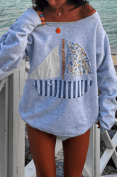 Sailboat Patchwork Off Shoulder Sweatshirt