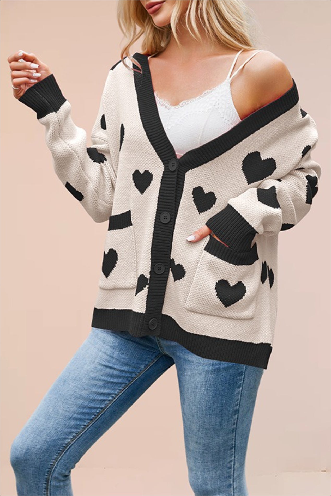 Heart Pocket V Neck Christmas Cardigan