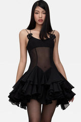 Ganili Spaghetti Sheer Charming Ruffle Mini Dress