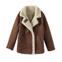 Fashion Lamb Woolen Spliced Warm Coat For Women Vintage Side Buttons Lapel Full Sleeve Jackets Lady Autumn Winter Thick Outwear