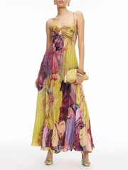Vintage Art Hand-Painted Floral Print Pleated Maxi Dress