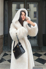 Faux Mink Fur Long Hooded Belted Plush Overcoat