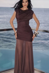 Asymmetric Draped Mesh Panel Fitted Maxi Party Dress