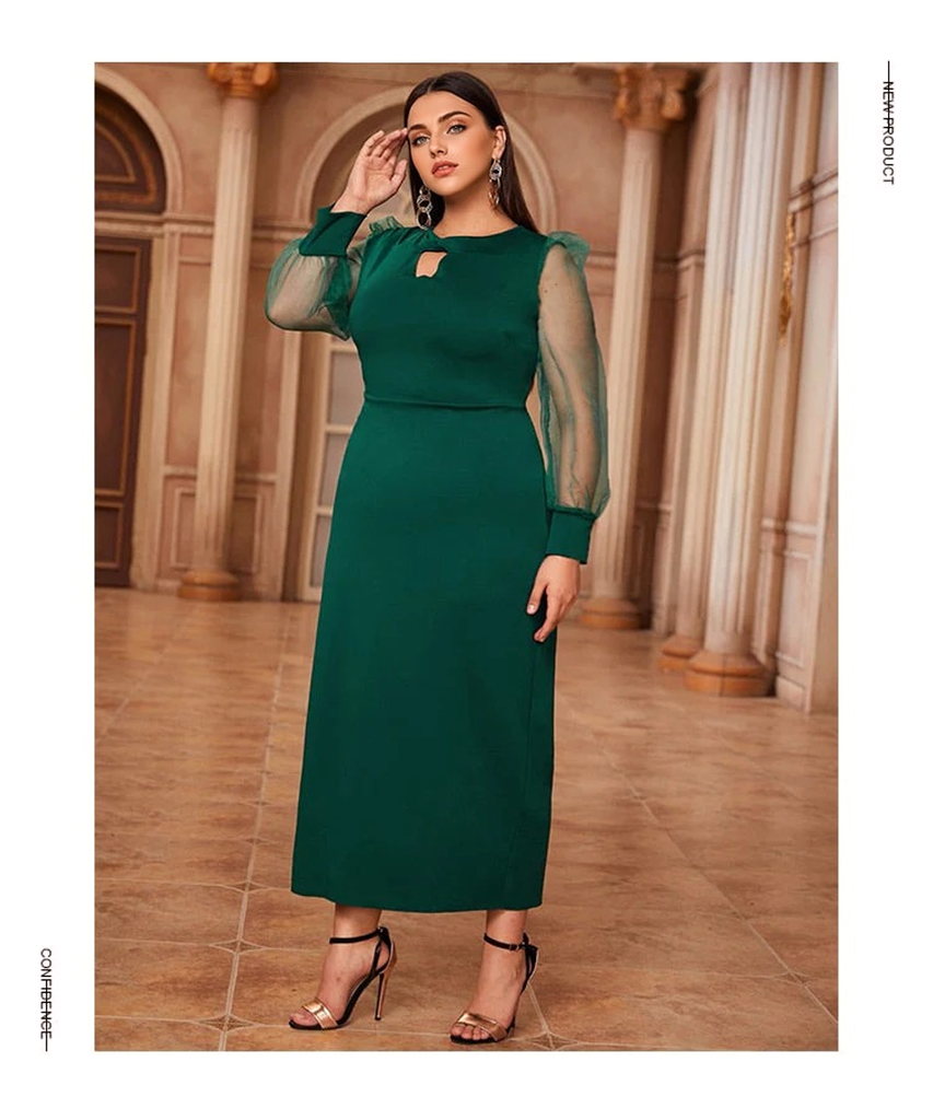 JuliaFashion-Hollow Out O-Neck Paneled Tulle Ankle-Length Dress