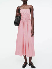 Suspender Pleated Stylish Waist Midi Dress Pink / S Dresses