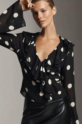 Polka Dot Ruffle Wrap Blouse