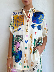 Casual Graffiti Printing Loose Satin Set