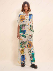 Casual Graffiti Printing Loose Satin Set