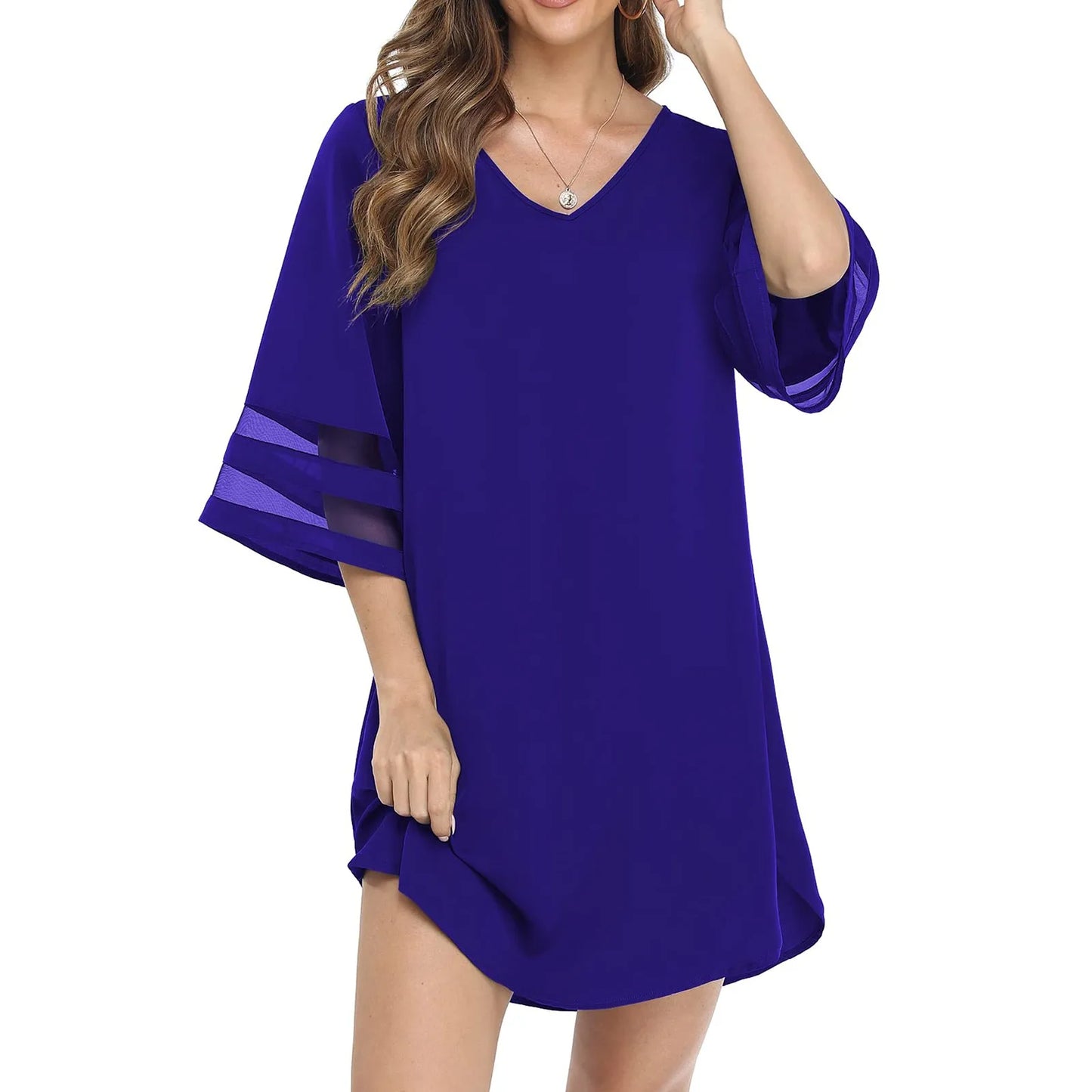 JuliaFashion - 2024 Summer Chiffon Bell Sleeve New Fashion Solid Color Loose Cover Ups Casual V Neck Mesh Panel Mini Sun Dress