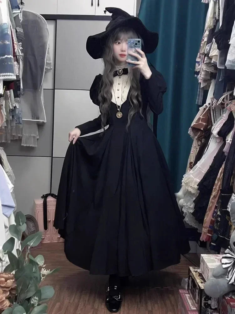 New Gothic Punk Dark Lolita Vintage Black Long Bubble Sleeve Waist Cinched Autumn Winter Dress